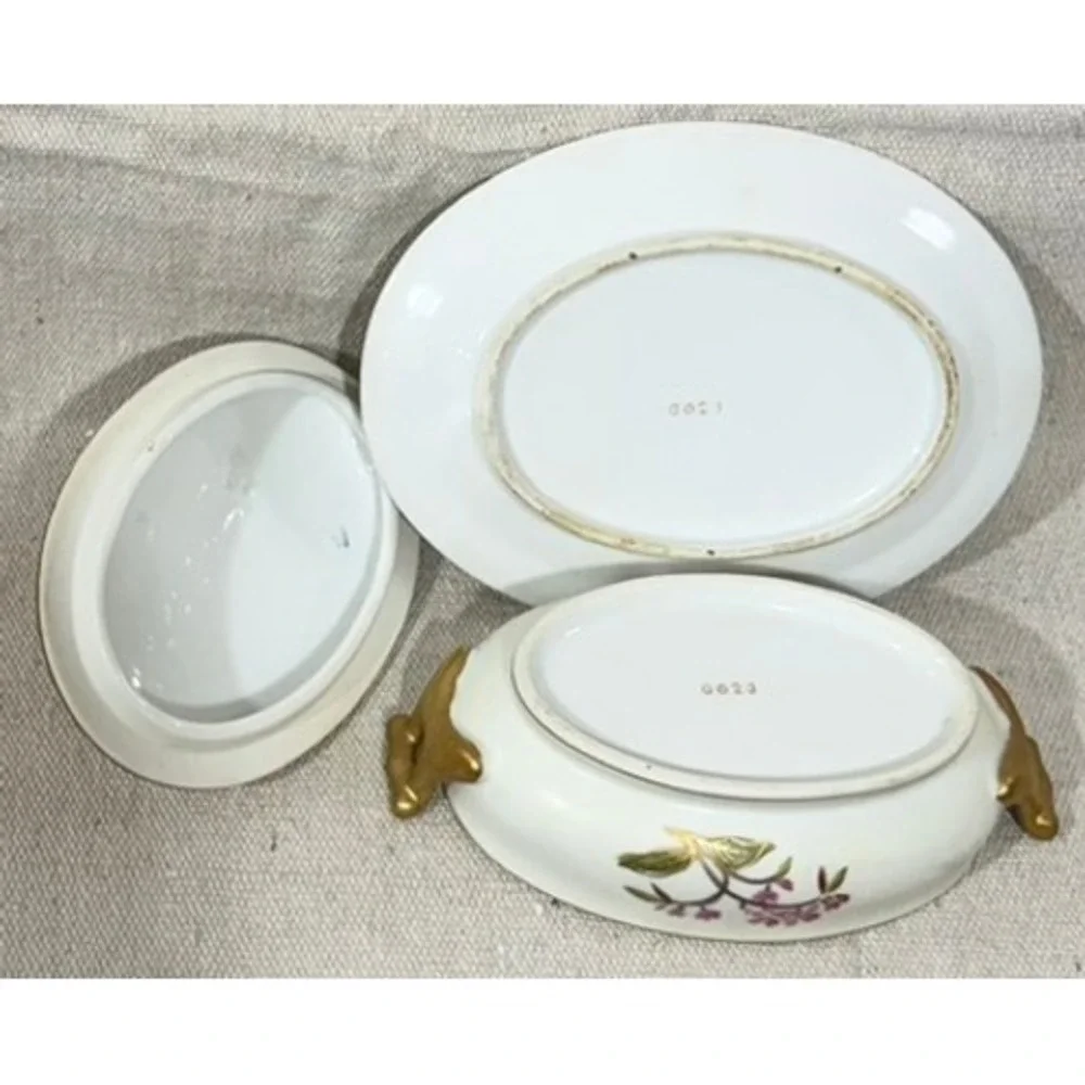 Vintage Floral Porcelain Lidded Tureen and Underplate Set Gold Gilt 6623